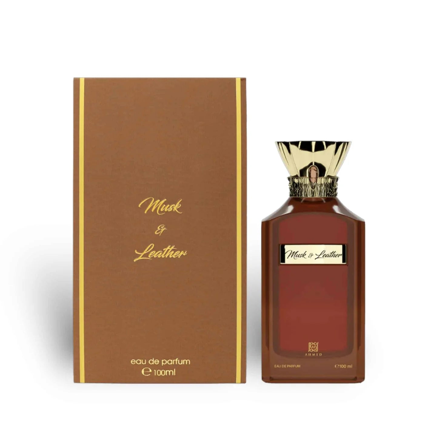 Musk & Leather eau de parfum bottle and packaging on a white background